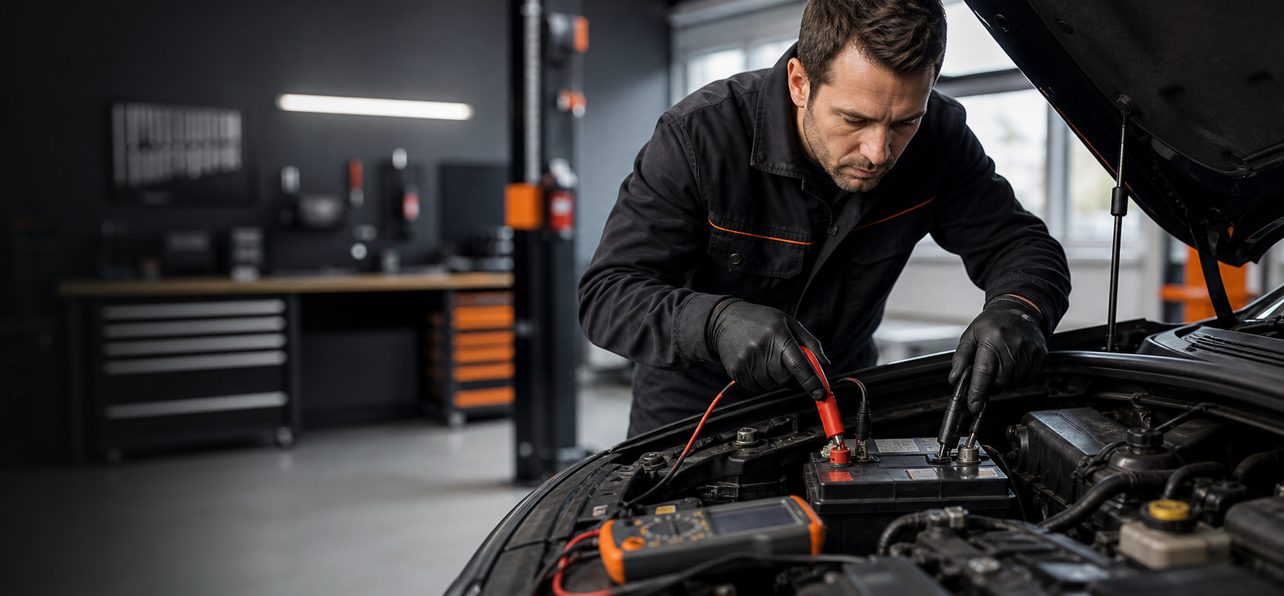 Mekaniker tester bilbatteri under motorhjelmen