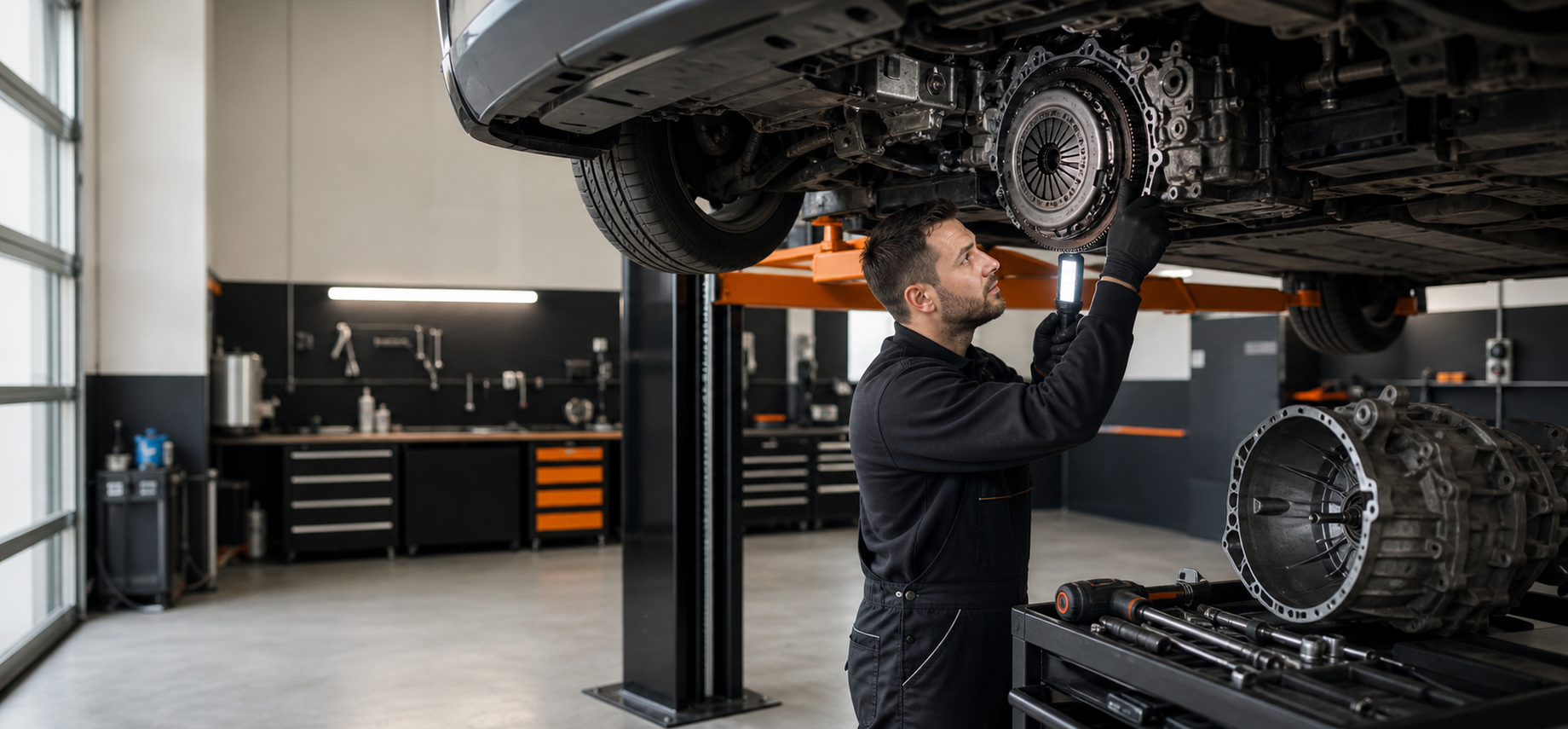 Mekaniker inspicerer kobling og transmission på en bil